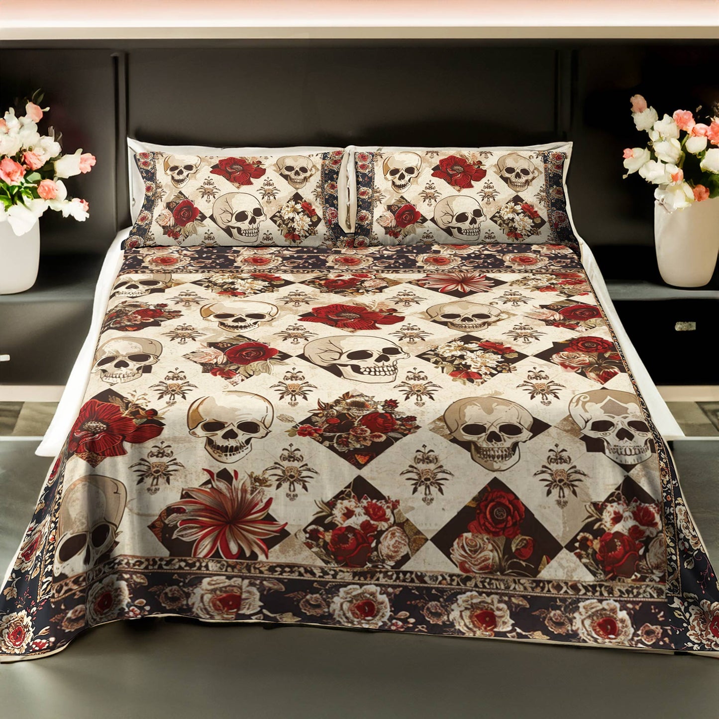 Shineful 4-Piece Bed Sheet Set Elegent Skull Roses