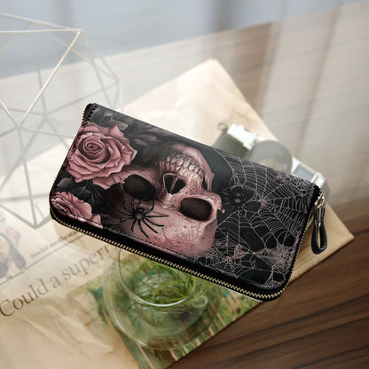 Shineful Leather Clutch Purse With Wristlet Strap Handle Eternal Bloom Skull