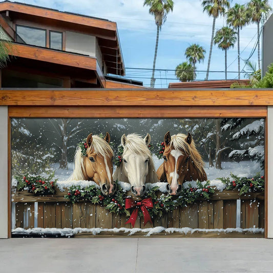 Shineful Garage Door Banner Decoration Horses in Holiday Splendor