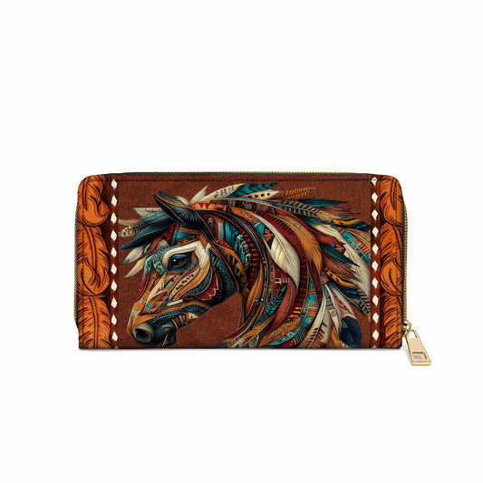 Shineful Leather Clutch Purse With Wristlet Strap Handle Tribal Horse Majesty