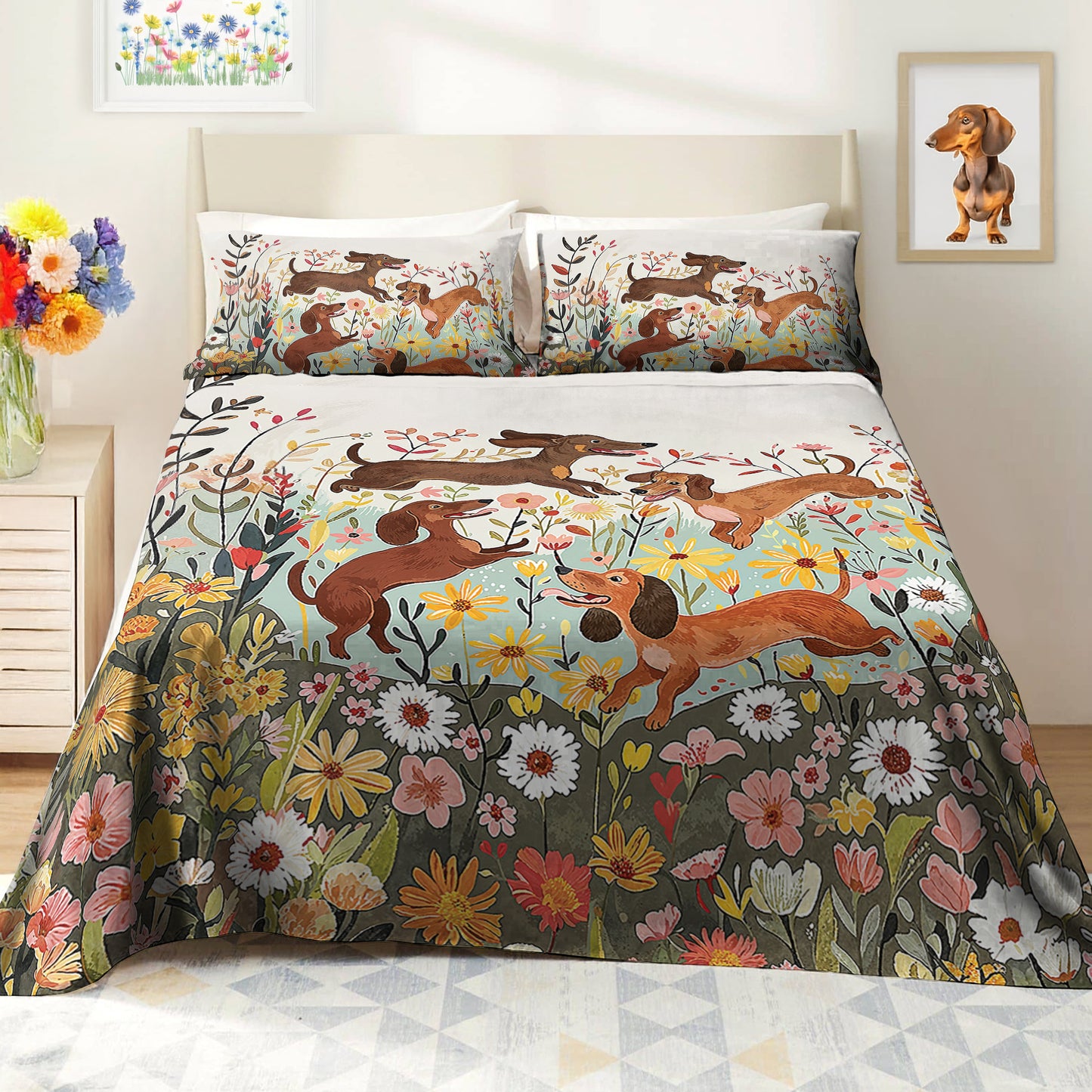 Shineful 4-Piece Bed Sheet Set - Dachshund Floral