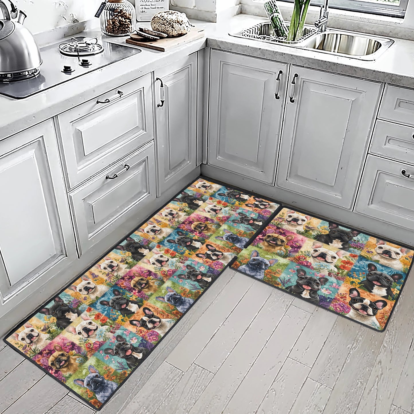 Shineful Ultra-Thin Non Skid Floor Mat, Kitchen Rugs French Bulldog Garden