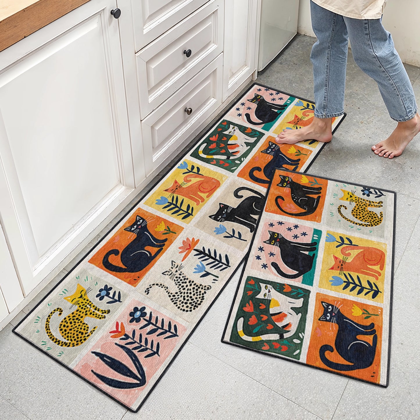 Shineful Ultra-Thin Non Skid Floor Mat, Kitchen Rugs Cat Fantasy Garden