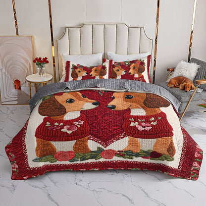 Shineful All Season Quilt 3-Piece Set Red Roses Dachshund Couple