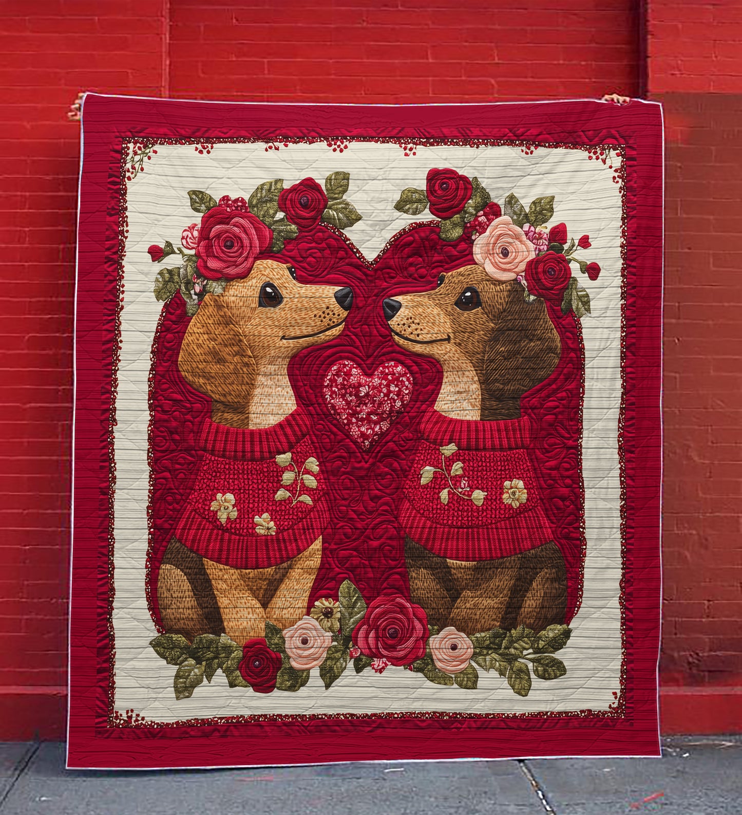 Shineful Flat Print Faux Quilt Blanket - Heart Floral Dachshund Couple