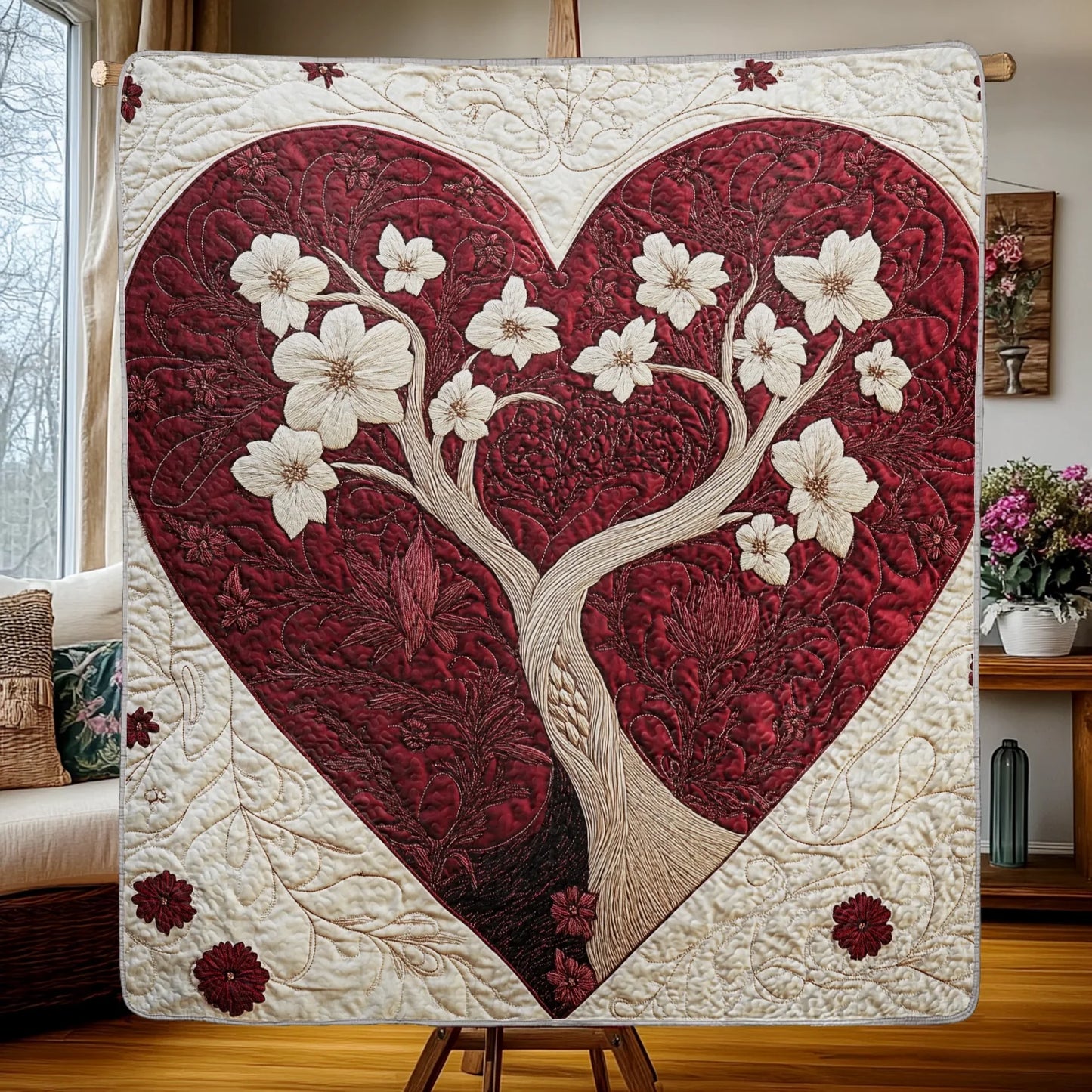 Shineful Flat Print Faux Quilt Blanket - Enchanted Heart Quilt with Floral Tree and Embroidered Accents