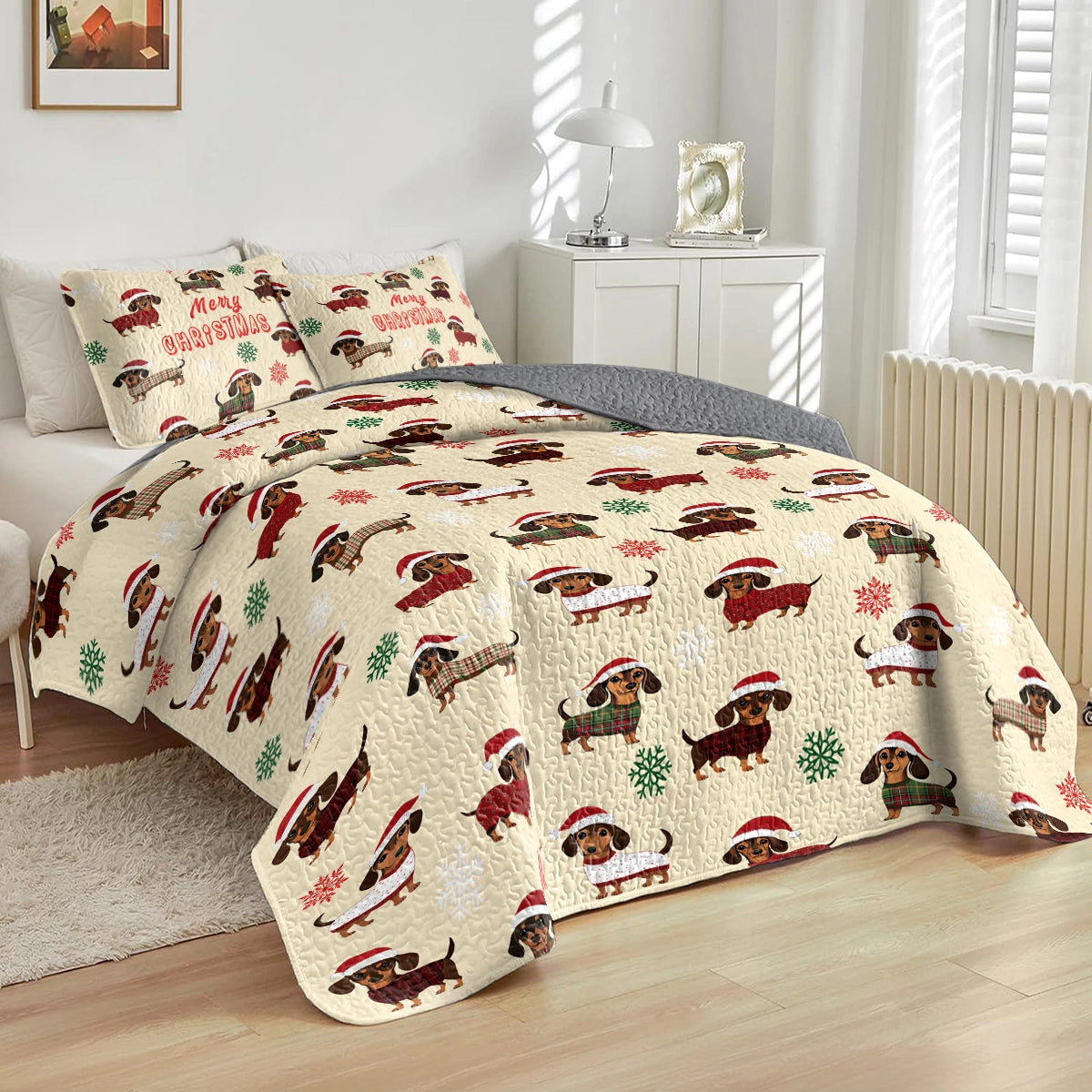 Shineful All Season Quilt 3-Piece Set - Dashing Dachshund Christmas Dreams