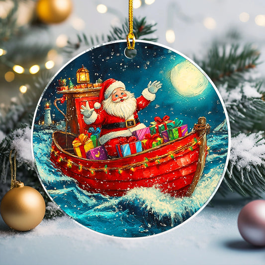 Glänzendes 2D-Ornament aus Acryl – Segelnde Schlittenfahrt des Weihnachtsmanns