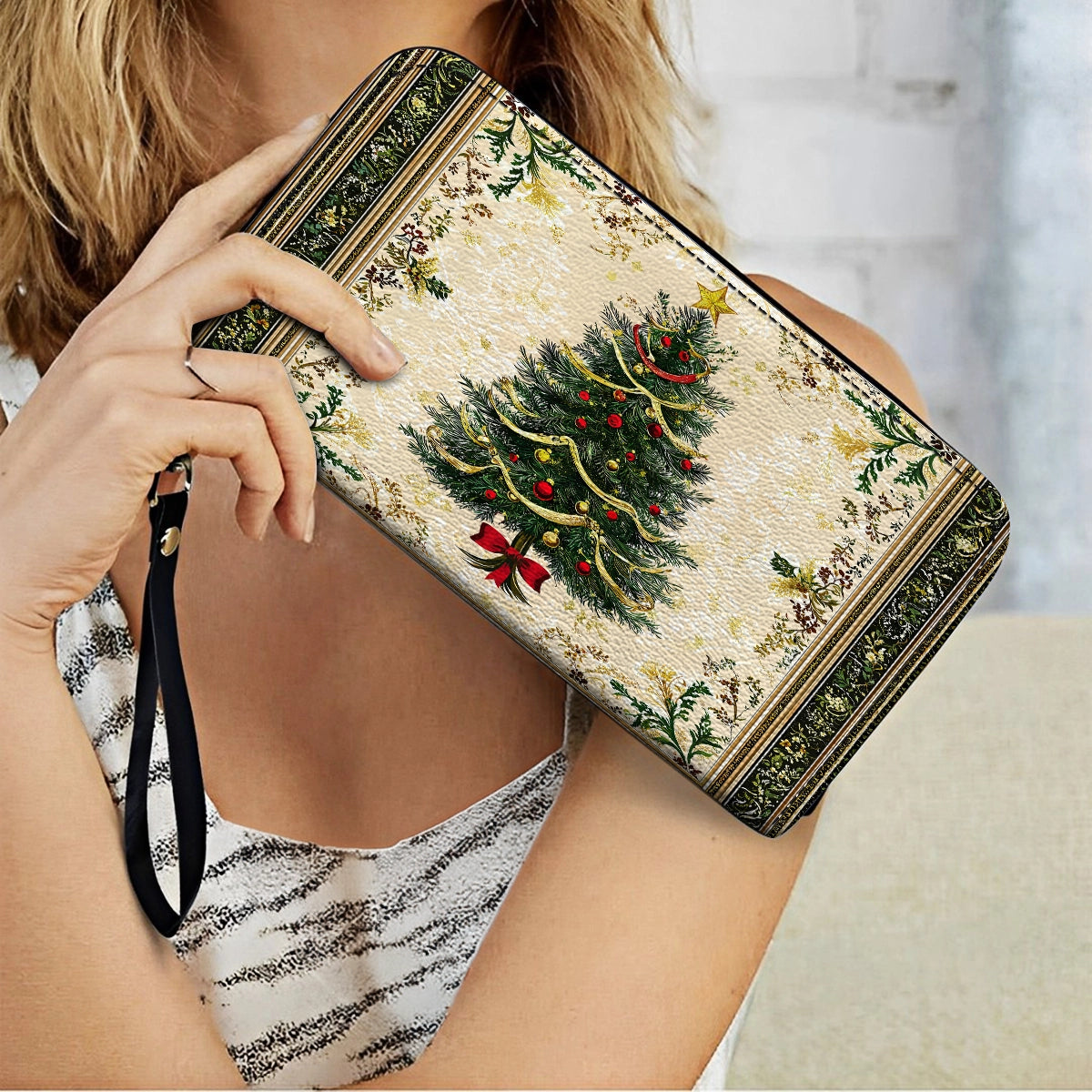 Shineful Leather Clutch Purse With Wristlet Strap Handle Classic Christmas Tree