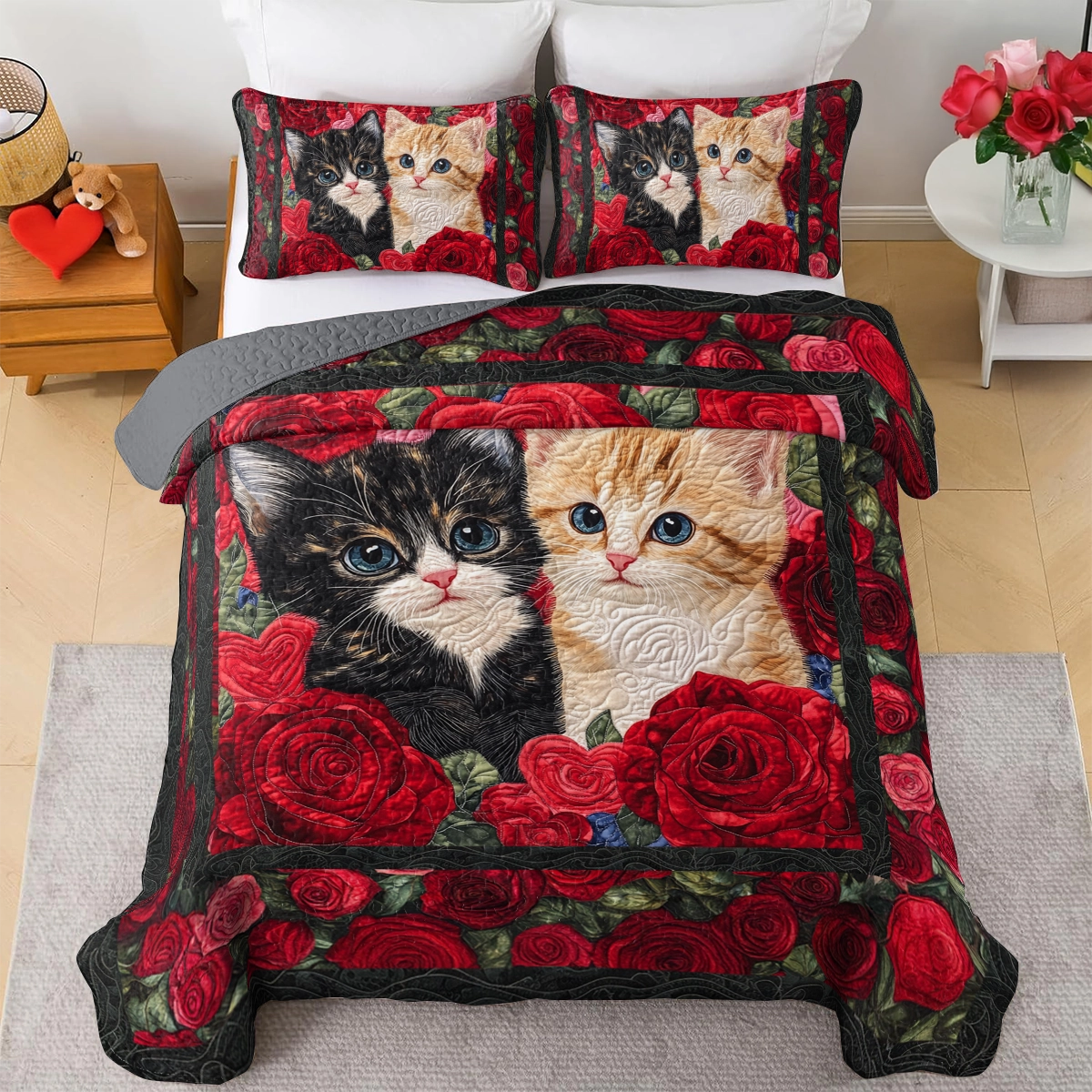 Shineful All Season Quilt 3-Piece Set Cat Purrfect Rose Companions