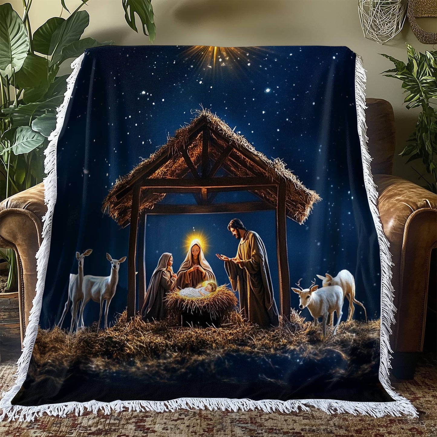 Shineful Woven Tapestry Throw Blanket Holy Night Nativity