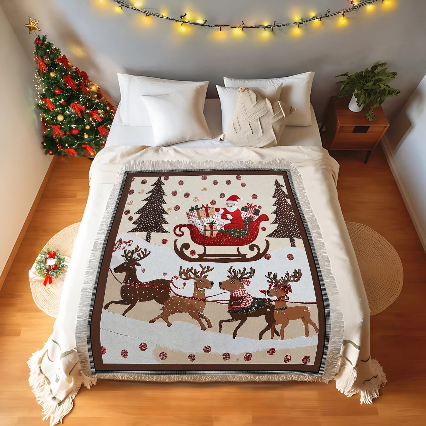 Shineful Woven Tapestry Throw Blanket - Cozy Santa Claus With Reindeer Pulling His Sleigh Full Of Gifts