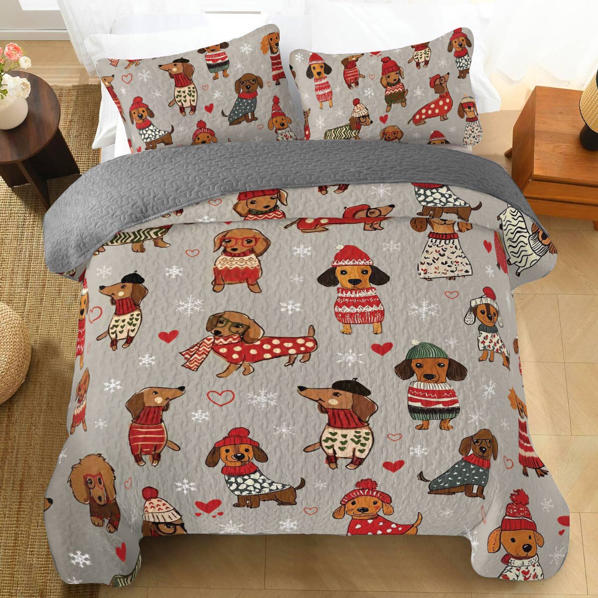 Shineful All Season Quilt 3-Piece Set Dachshunds in Red