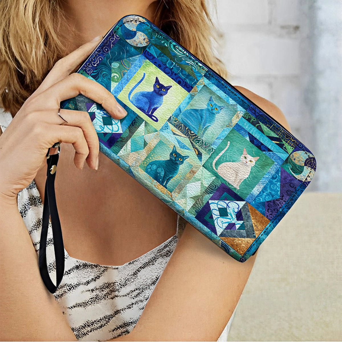 Shineful Leather Clutch Purse With Wristlet Strap Handle Mystic Cat