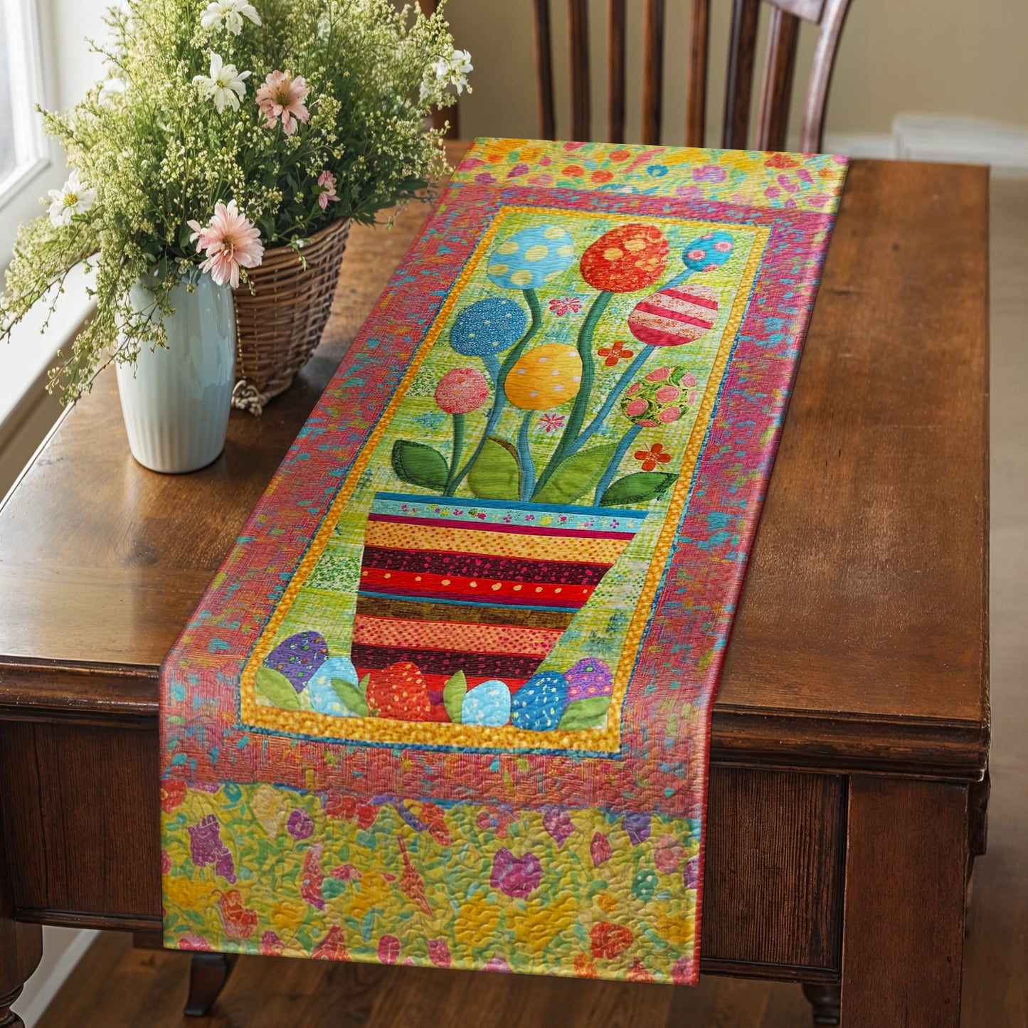 Shineful 2D Flat Print Quilted Table Runner Easter Eggs Blooming