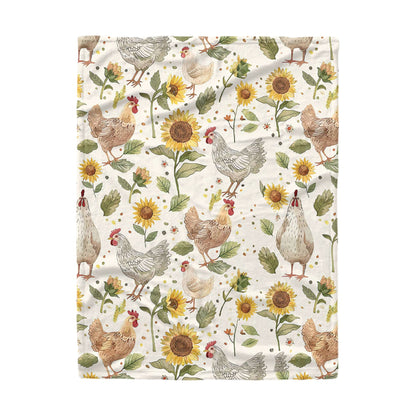 Couverture polaire brillante avec tournesols et poules