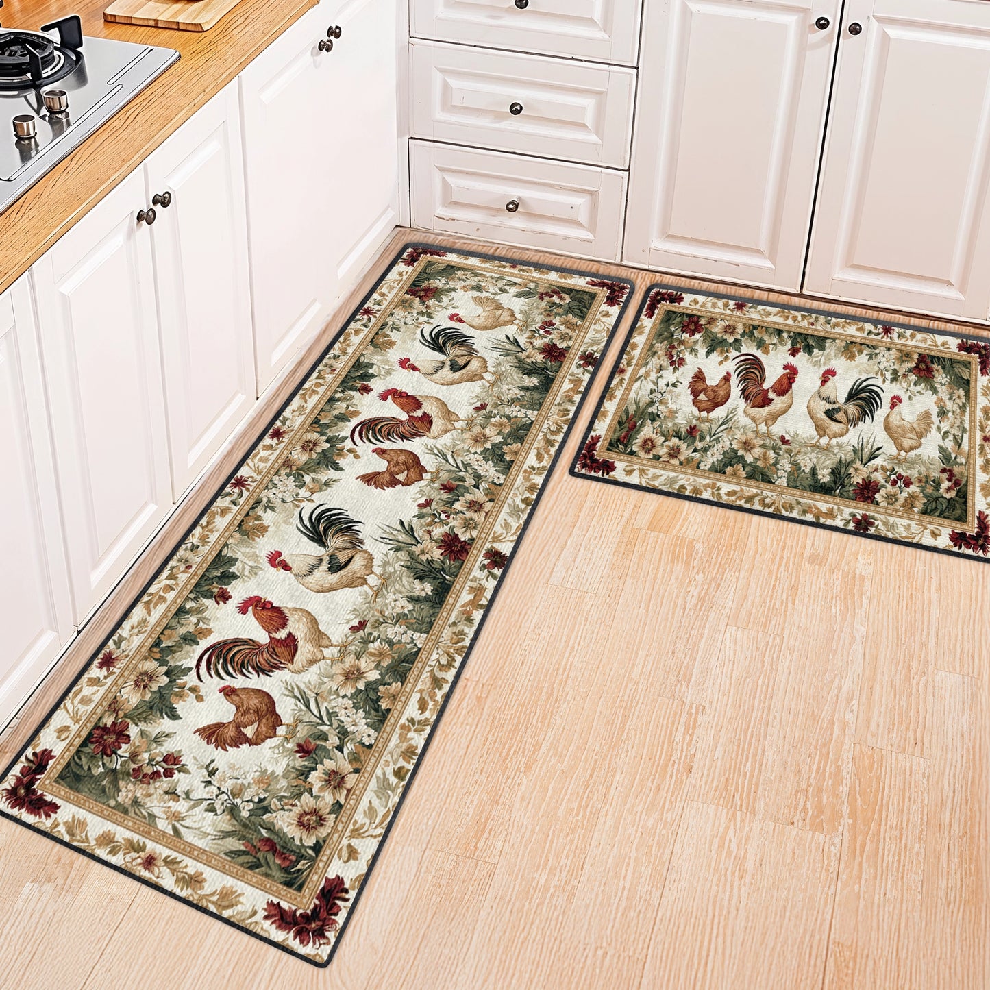 Shineful Ultra-Thin Non Skid Floor Mat, Kitchen Rugs Roosters Vintage Garden