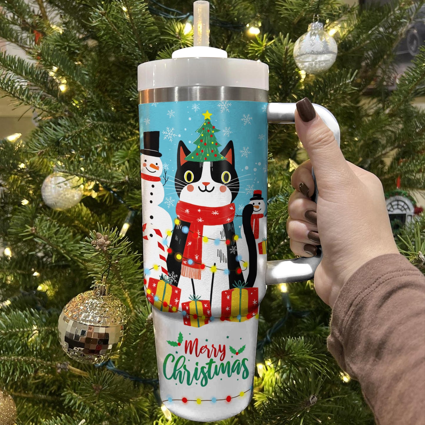 Shiny Tumbler Freche Katze mit Weihnachtslicht