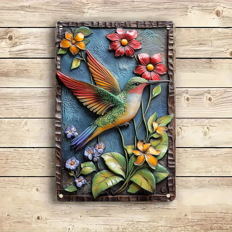 Shineful 2D Metal Sign Colorful Floral Hummingbird