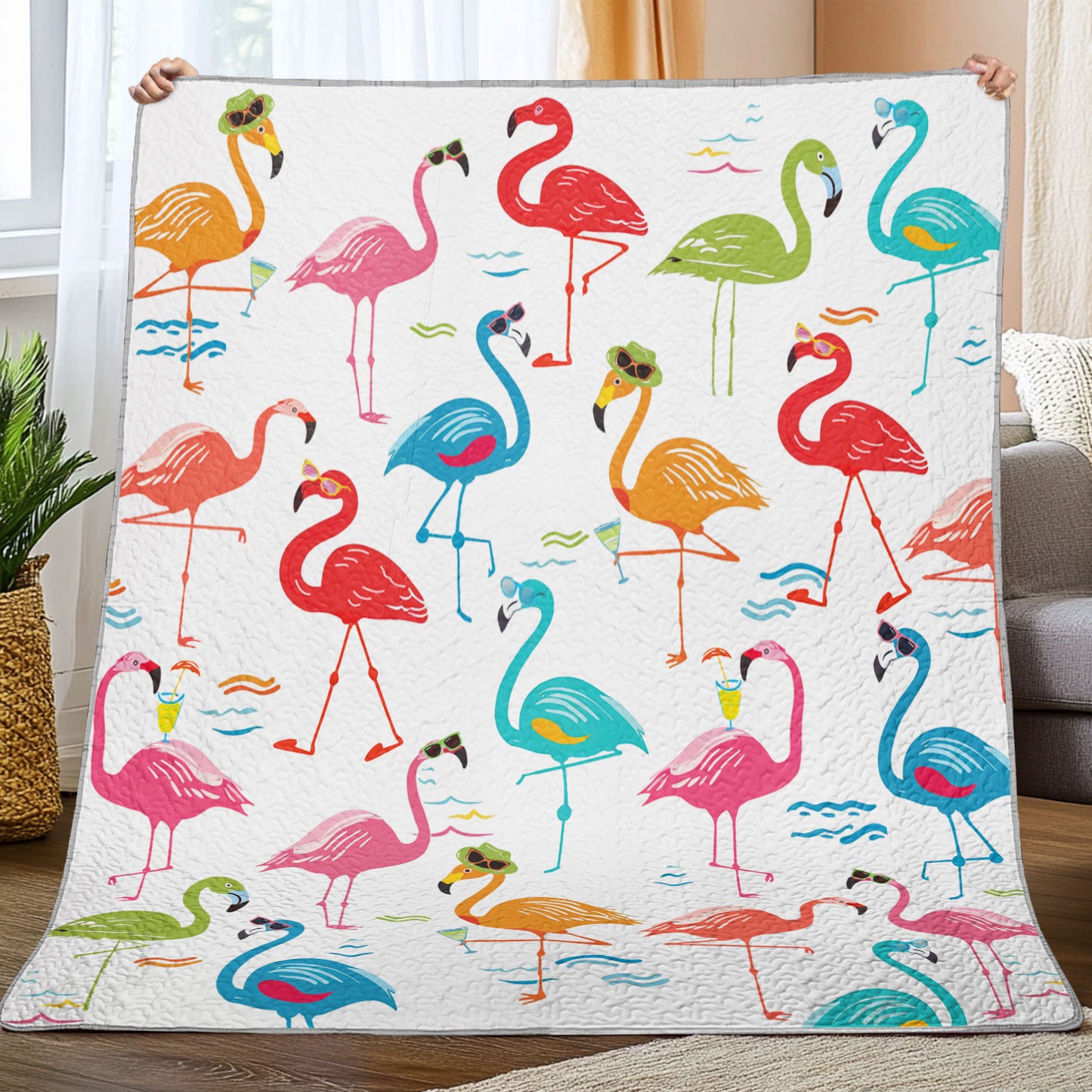 Couverture courtepointe en similicuir à imprimé plat brillant Motif flamant rose fantaisiste