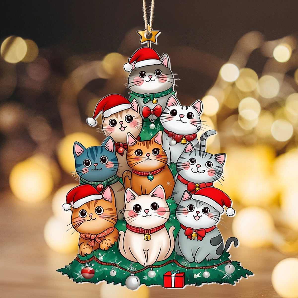 Ornement en acrylique 2D brillant - Chats de Noël parfaitement empilés 