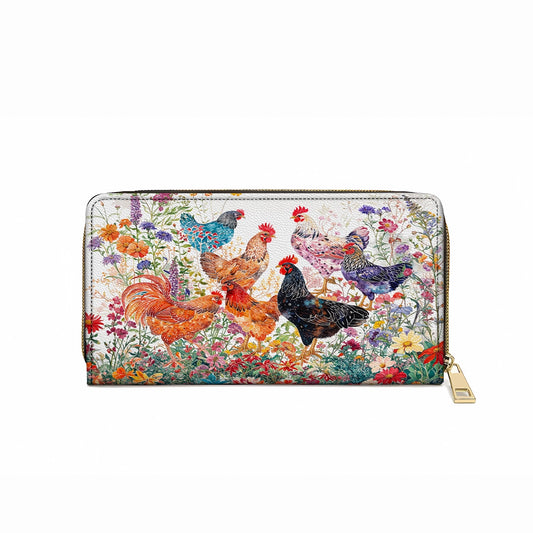 Shineful Leather Clutch Purse With Wristlet Strap Handle Chicken Rooster Garden Bliss