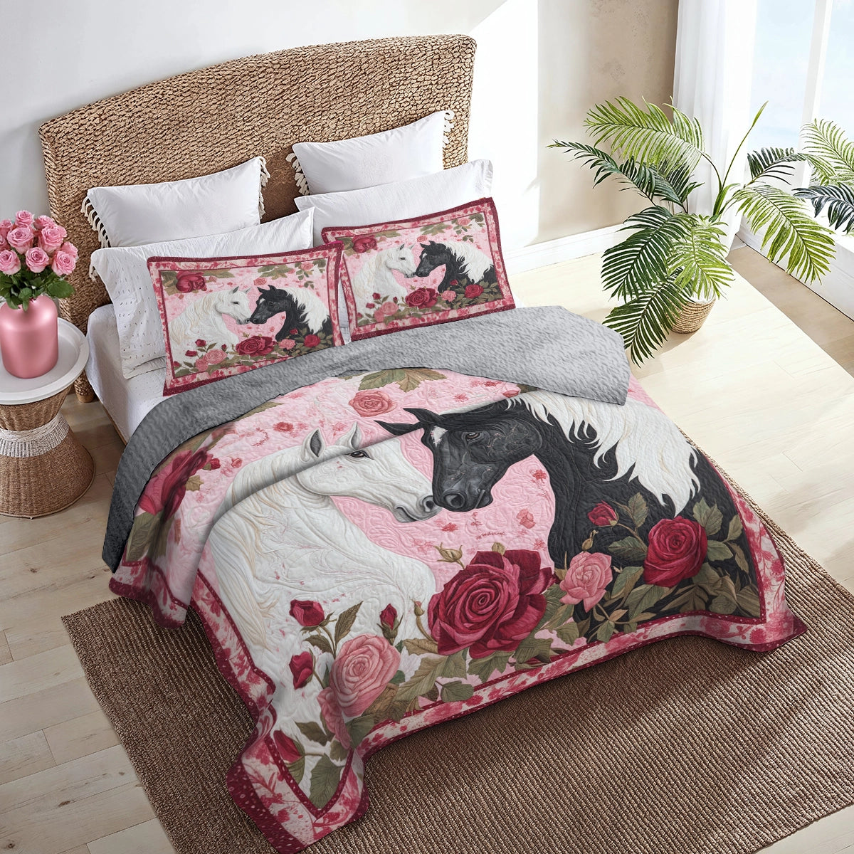 Shineful All Season Quilt 3-Piece Set Romantic Rose Horse