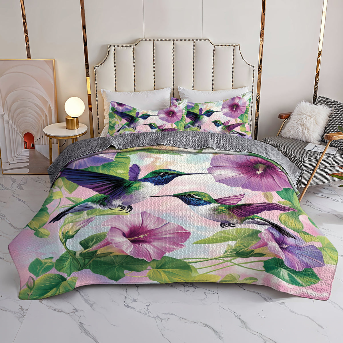 Shineful All Season Quilt 3-Piece Set Hummingbird Floral