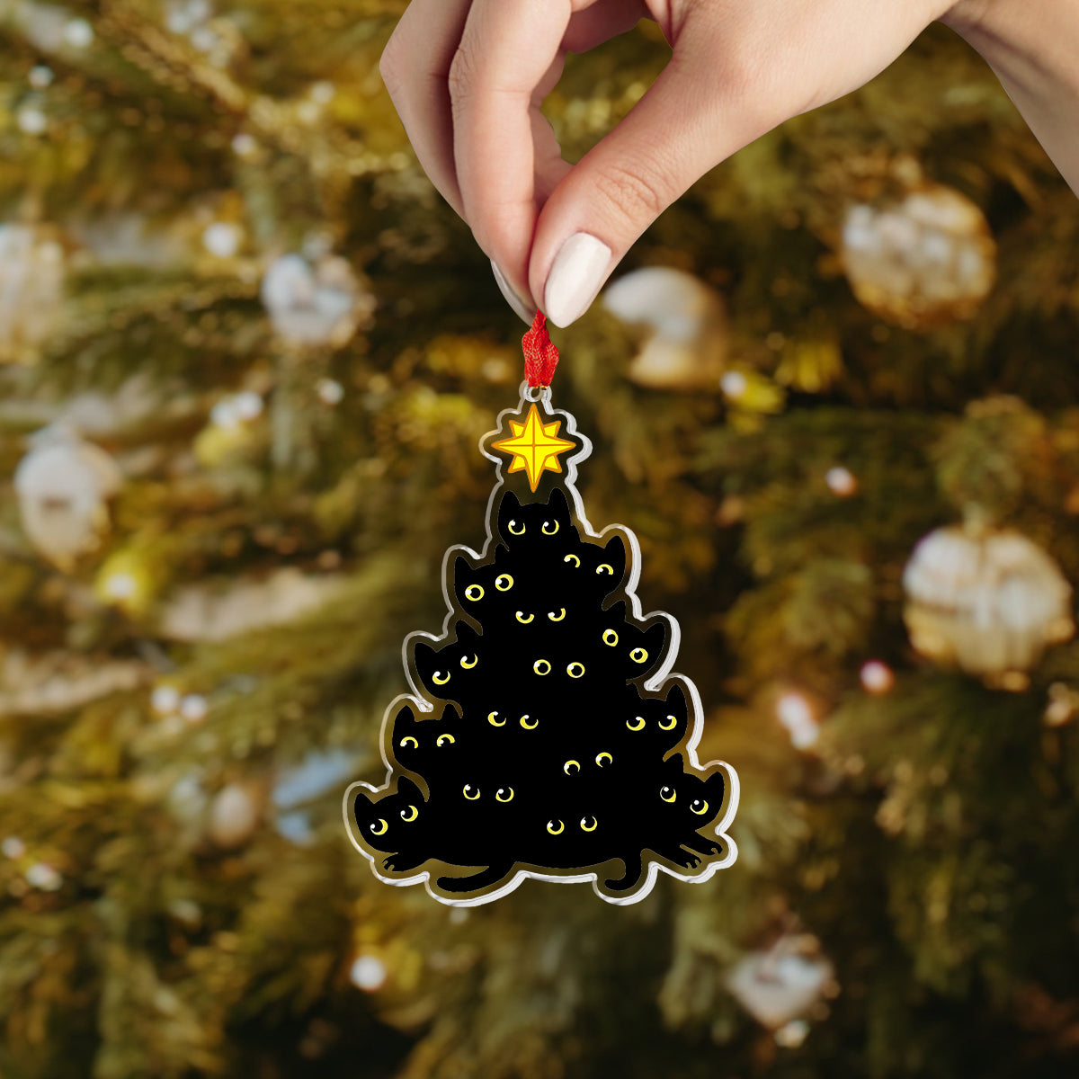 Ornement acrylique 2D brillant pour sapin de Noël en forme de chaton noir