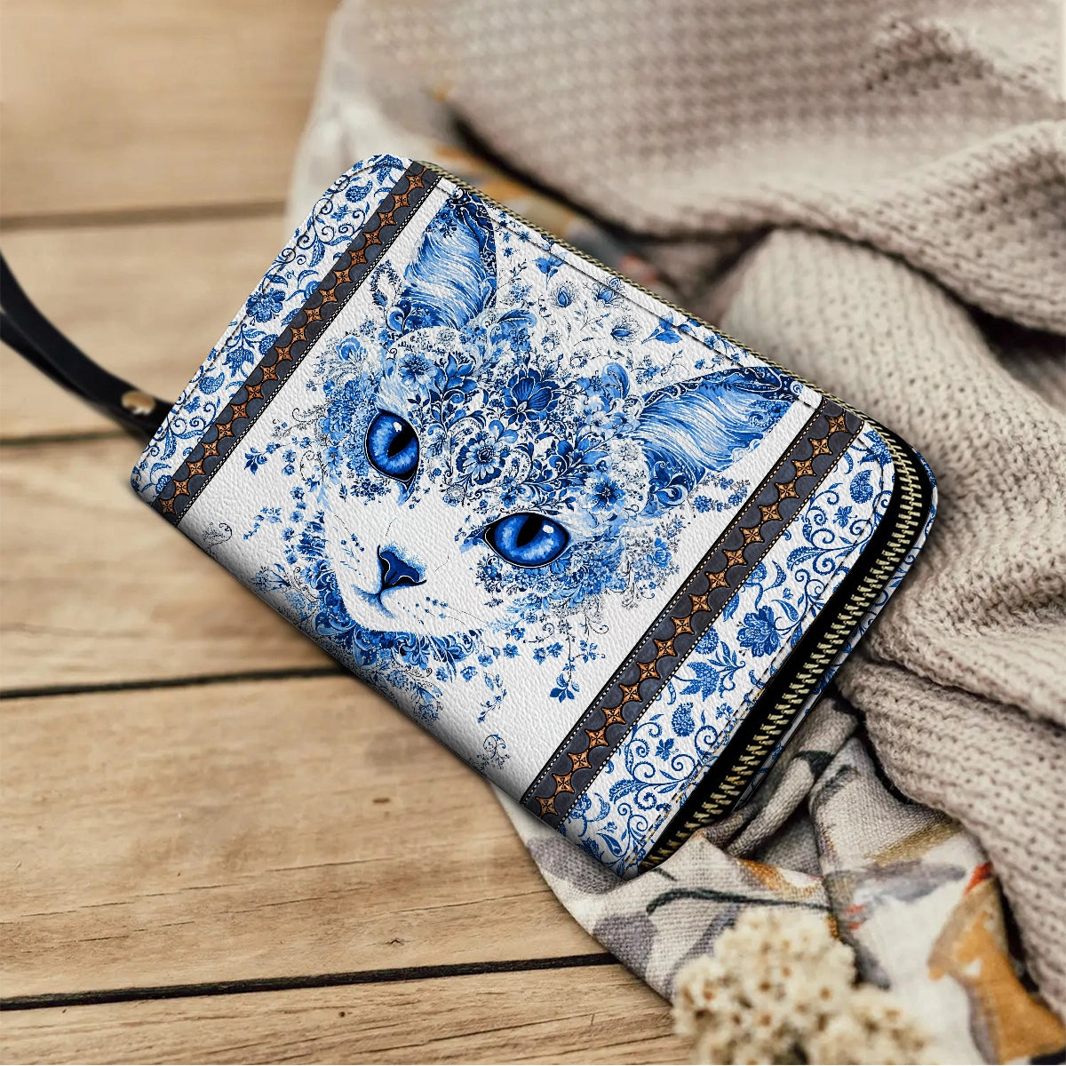 Shineful Leather Clutch Purse With Wristlet Strap Handle Blue Beauty Cat