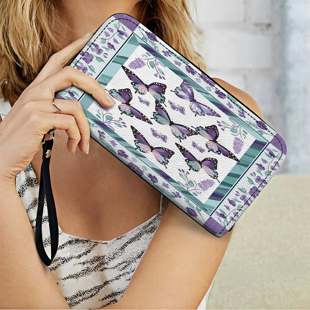 Shineful Leather Clutch Purse With Wristlet Strap Handle Purple Butterfly & Floral