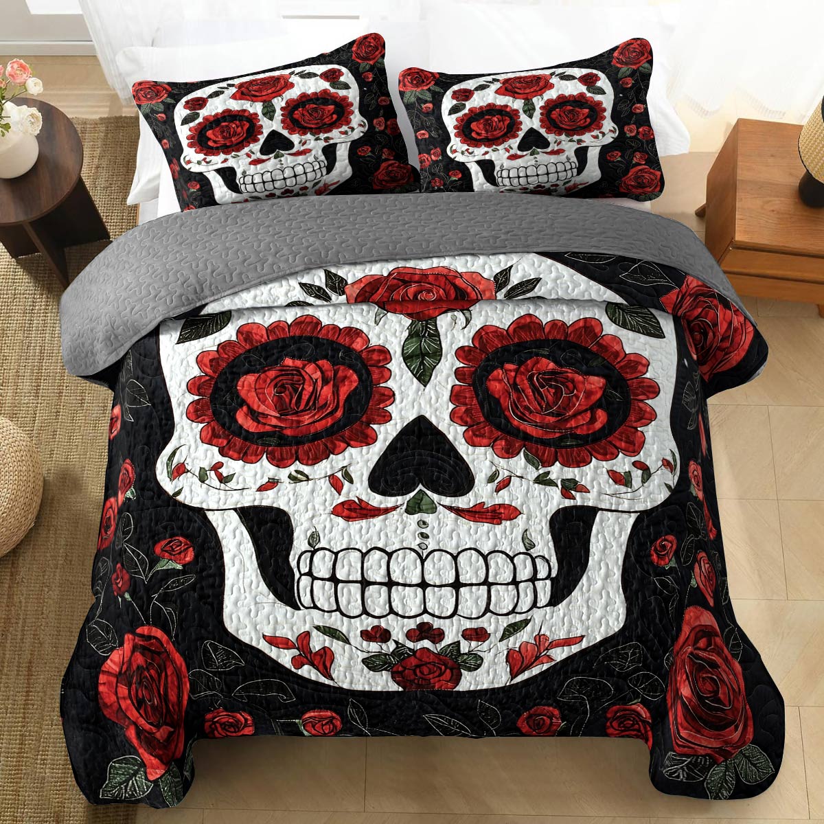 Shineful All Season Quilt 3-Piece Set - Roses & Skulls Elegance