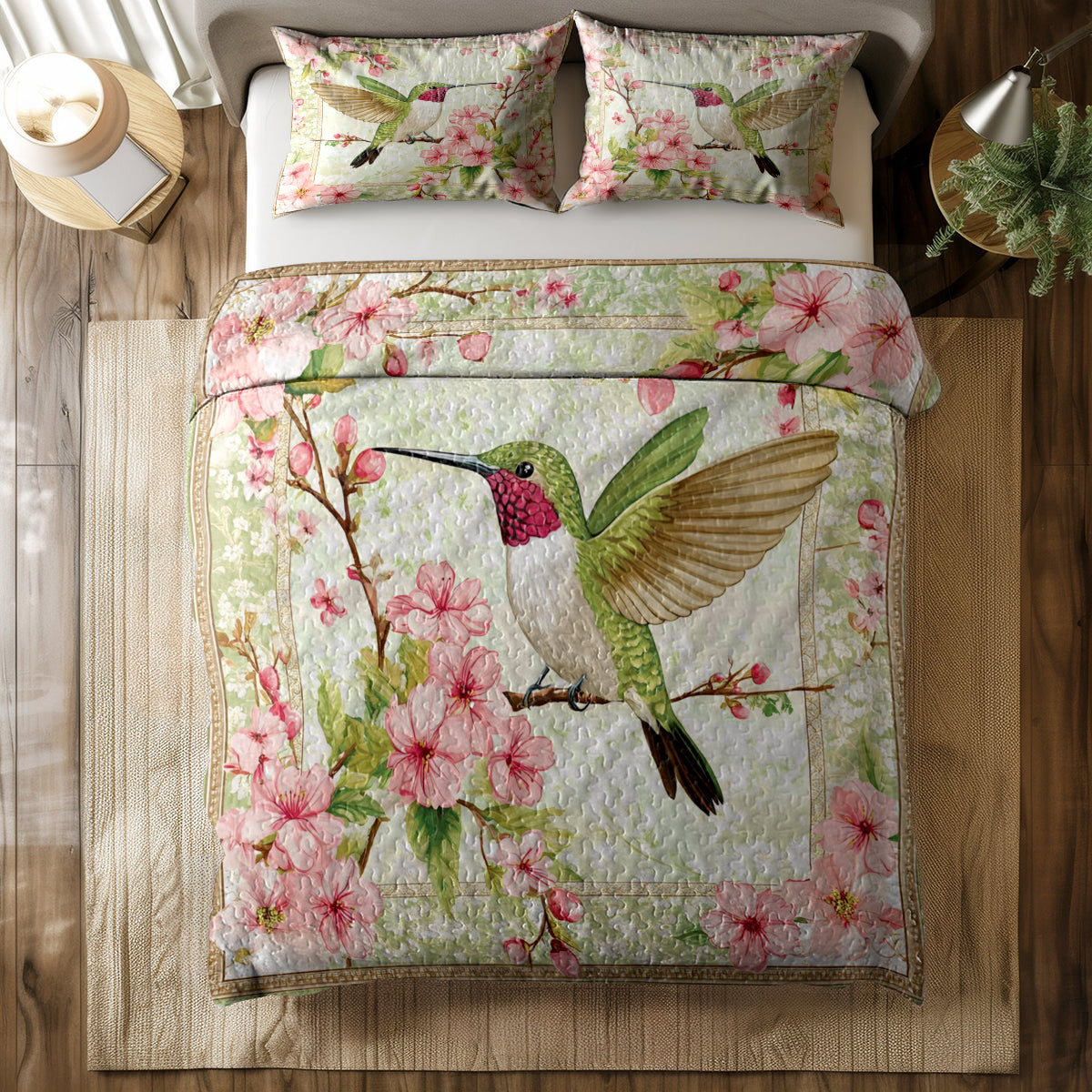 Shineful All Season Quilt 3-Piece Set Hummingbird And Cherry Blossoms