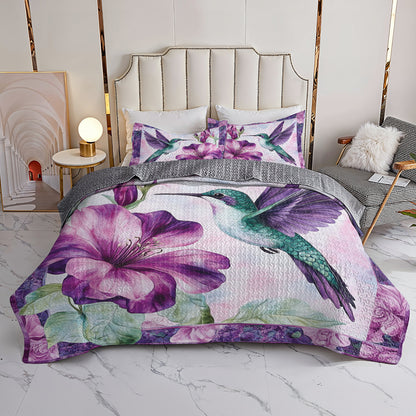 Shineful All Season Quilt 3-Piece Set Green Hummingbird & Purple Floral