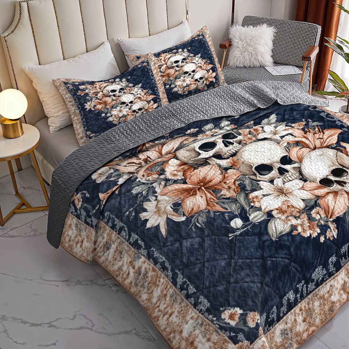 Shineful All Season Quilt 3-Piece Set Elegance Skull and Floral Garden