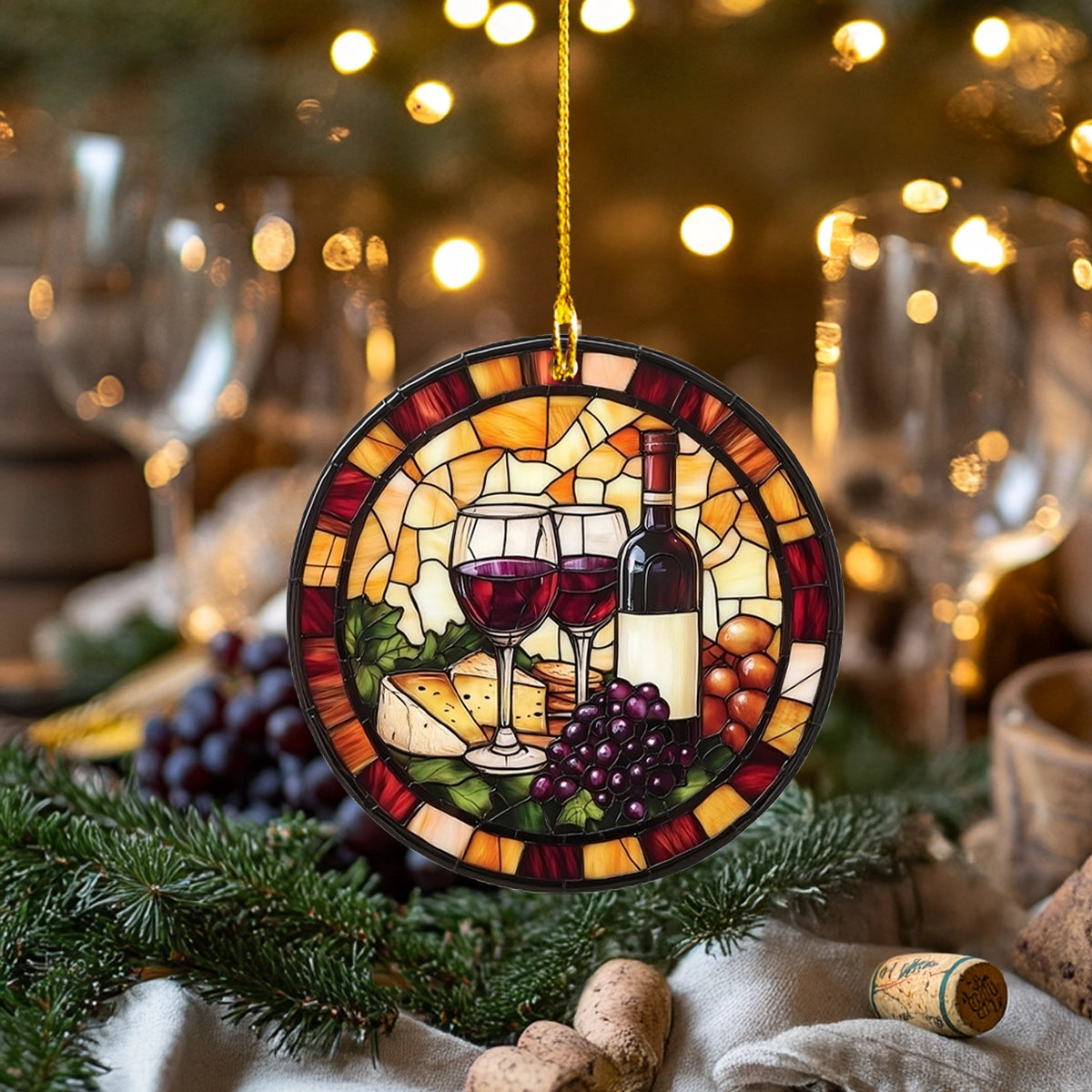 Glänzendes 2D-Acryl-Ornament – ​​Wein und Käse aus Glas