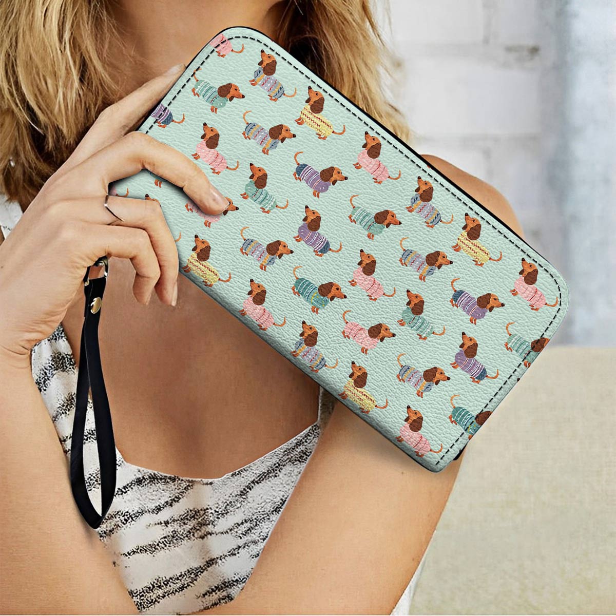 Shineful Leather Clutch Purse With Wristlet Strap Handle Colorful Dachshunds Ver2