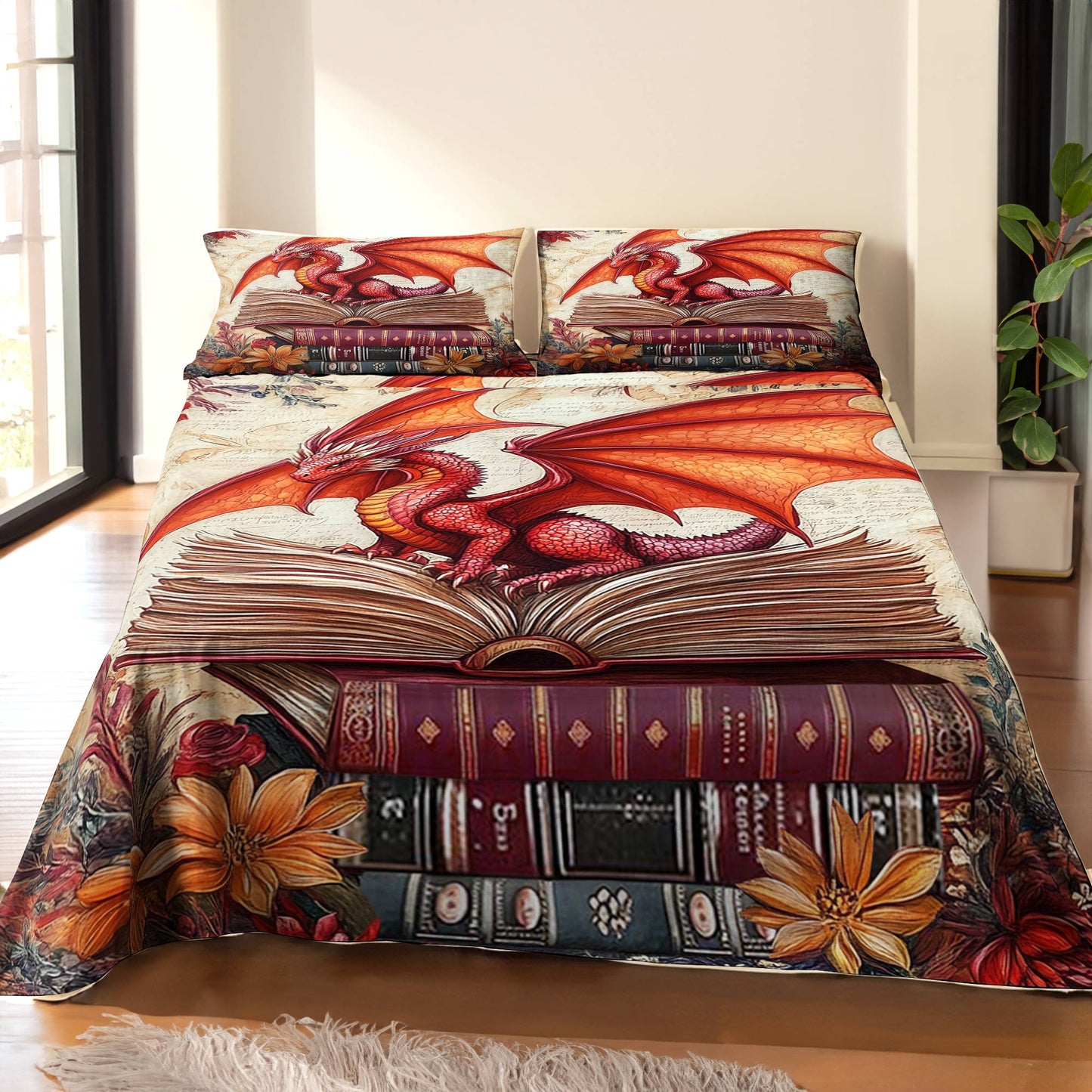 Shineful 4-Piece Bed Sheet Set Dragon Just One More Chapter