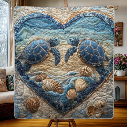 Shineful Flat Print Faux Quilt Blanket - Heartfelt Love with Two Sea Turtles and Seashells