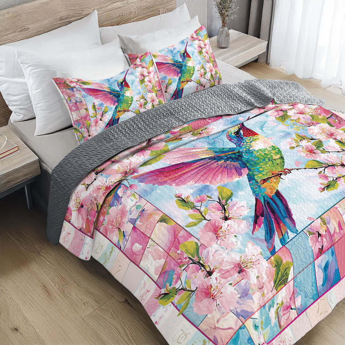 Shineful All Season Quilt 3-Piece Set Floral Colorful Hummingbird