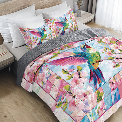 Shineful All Season Quilt 3-Piece Set Floral Colorful Hummingbird