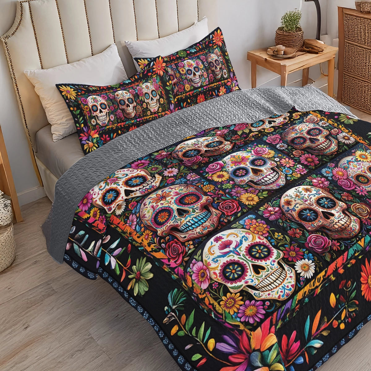 Shineful All Season Quilt 3-Piece Set Blossom Skull Elegance