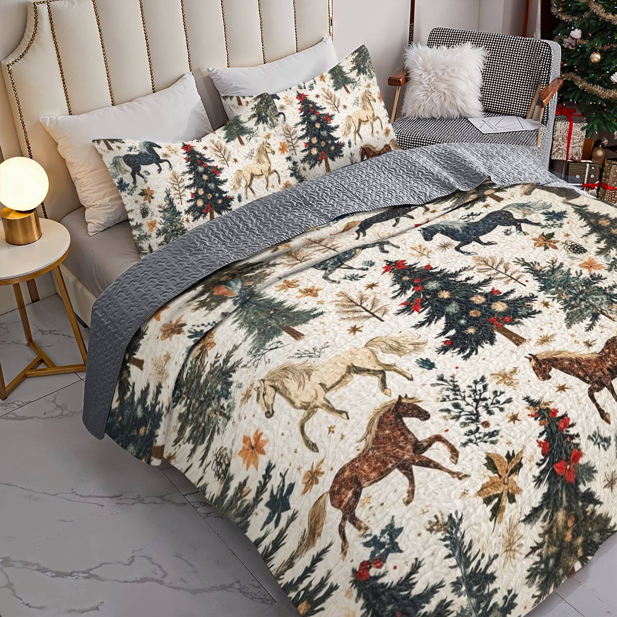 Shineful All Season Quilt 3-Piece Set Merry Christmas Gentle Horses