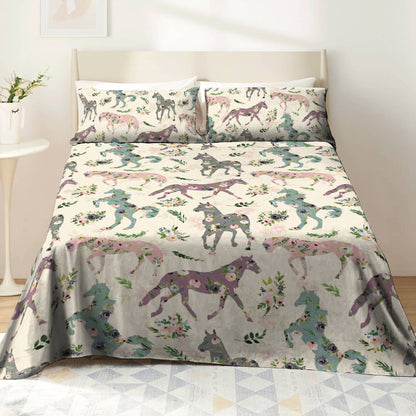 Shineful 4-Piece Bed Sheet Set Floral Horses