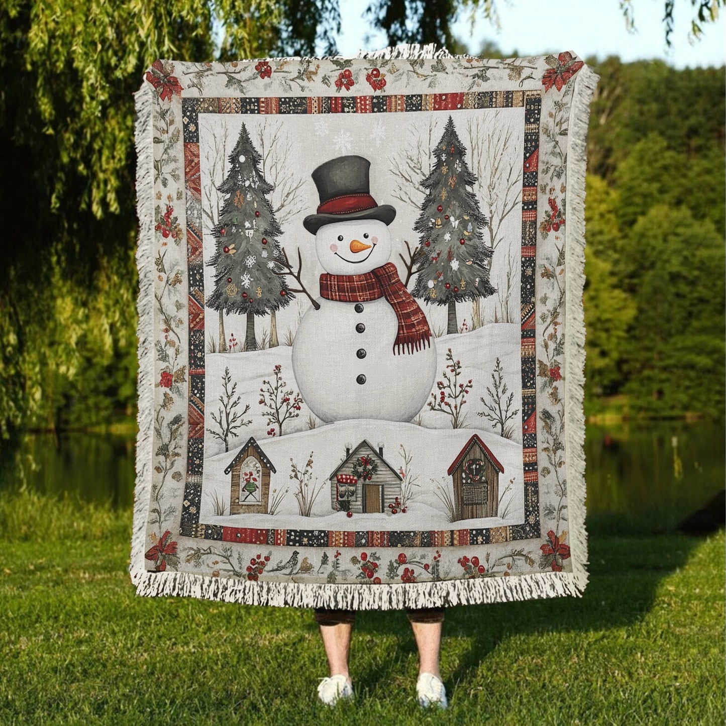 Shineful Woven Tapestry Throw Blanket Snowman Winter Wonderland