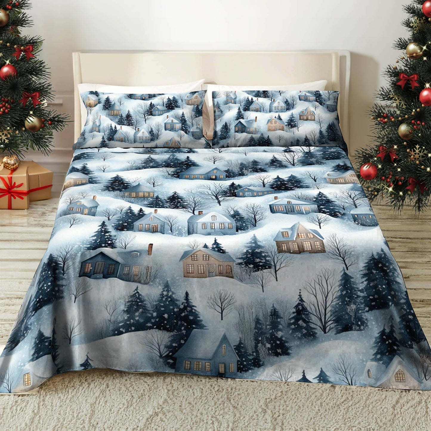 Shineful 4-Piece Bed Sheet Set Snow Village