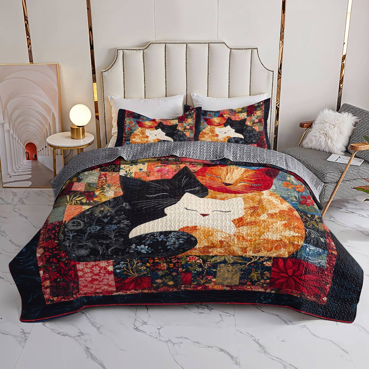 Shineful All Season Quilt 3-Piece Set Vintage Floral Family Cats