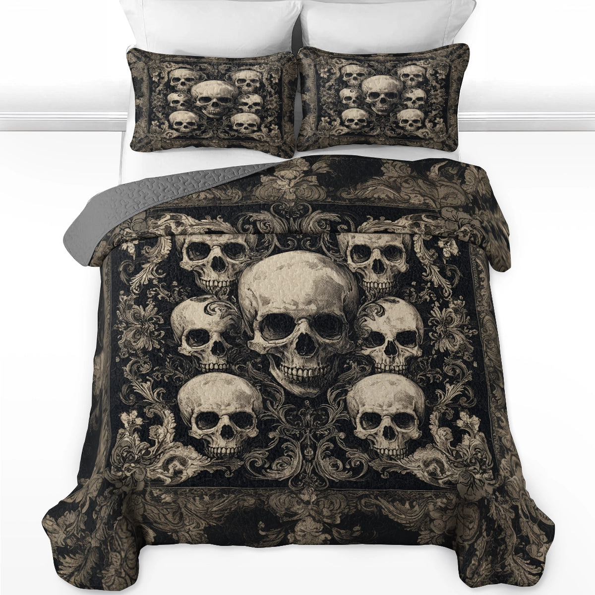 Shineful All Season Quilt 3-Piece Set - Gothic Skull Majesty