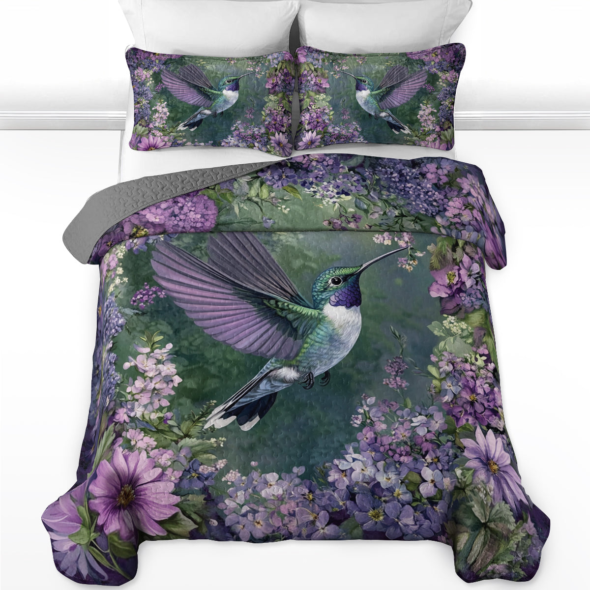 Shineful All Season Quilt 3-Piece Set Hummingbird In Purple Forest