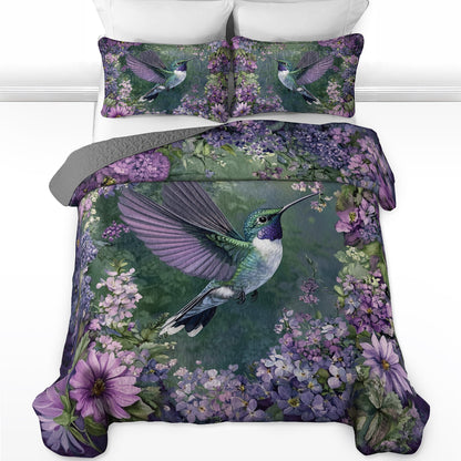 Shineful All Season Quilt 3-Piece Set Hummingbird In Purple Forest